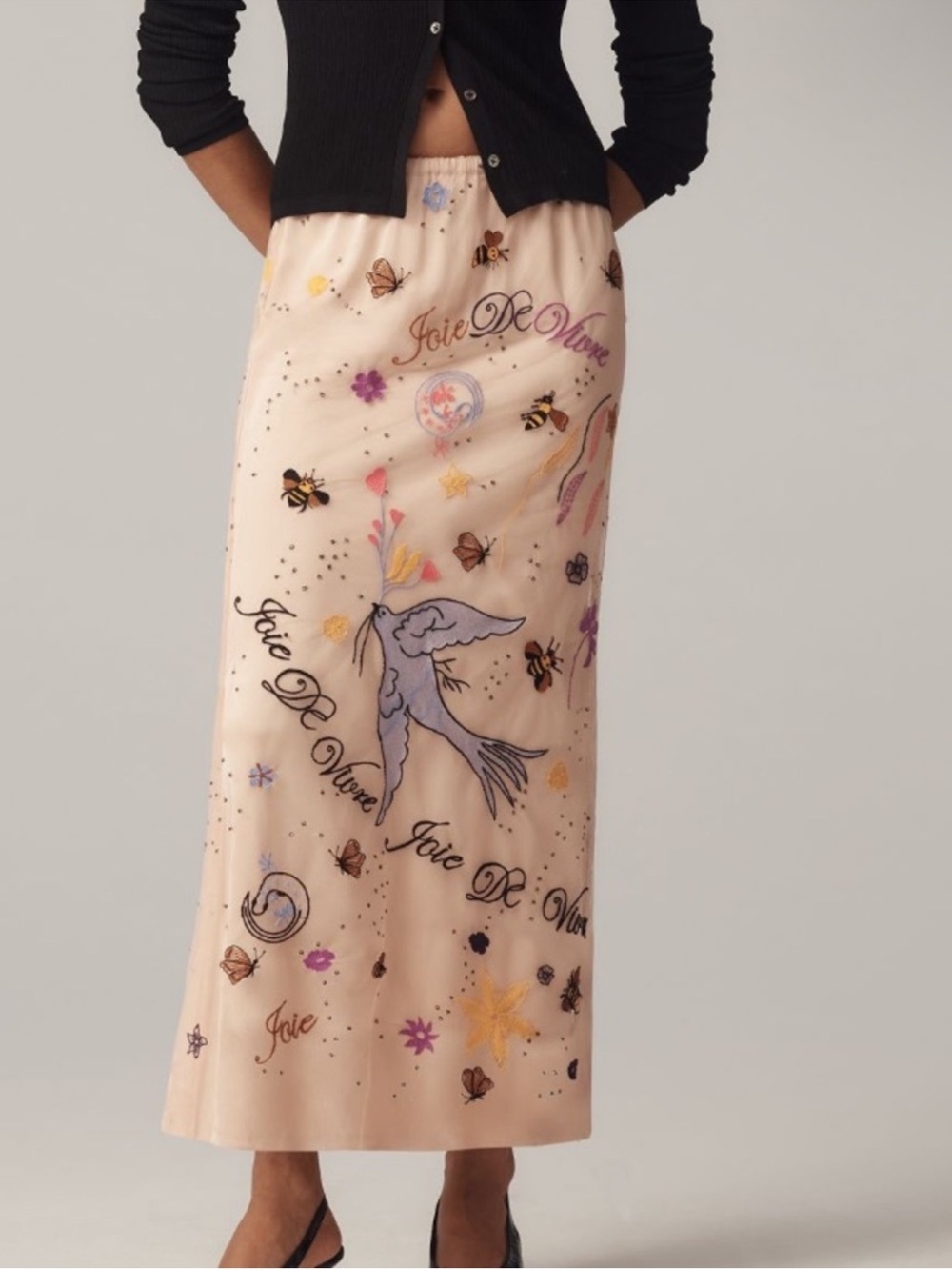 Anthropologie Joie de Virve Embroidered Bird Print Midi Skirt in Blush